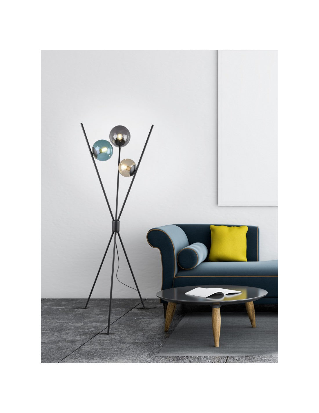 Lampadaire Moderne Trépied Noir 3 Sphères Verre Multicolores Lance Trio Lighting