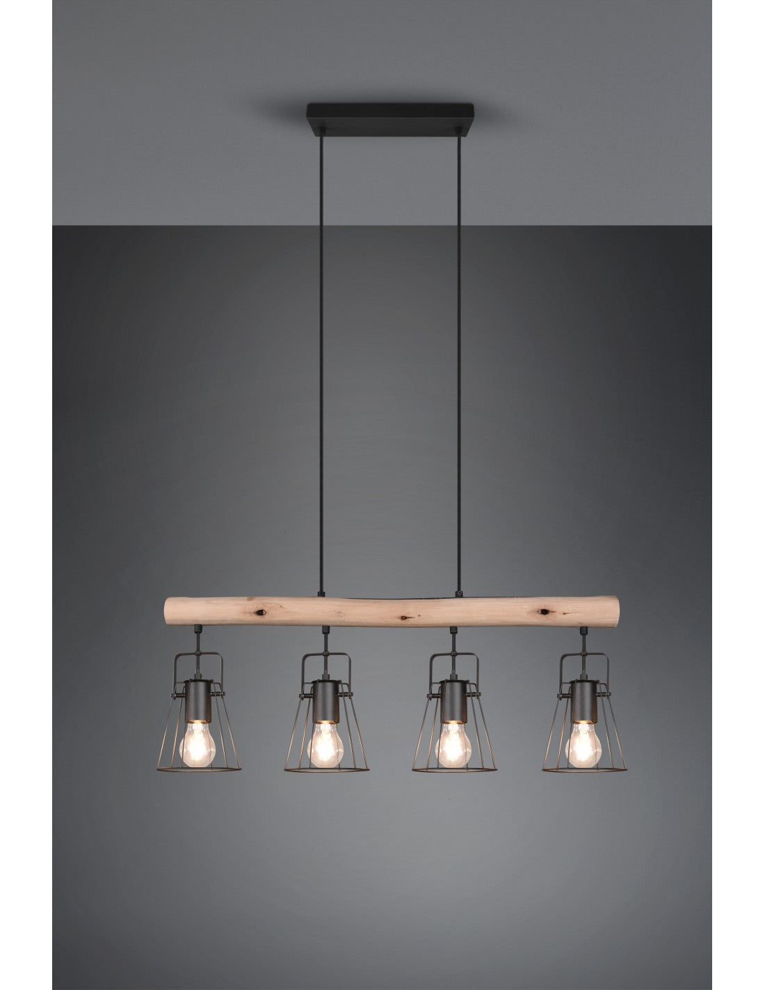 Suspension Barre En Bois 4 Lumières Jaipur Industriel Vintage Noir Et Bois Trio Éclairage