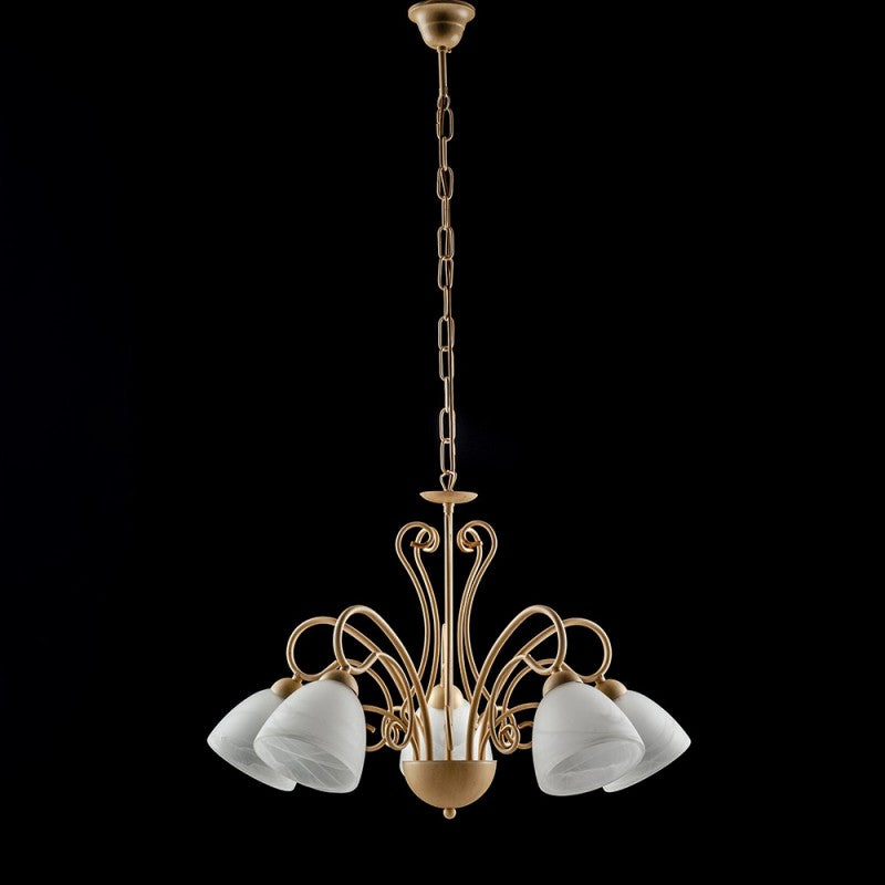 Lustre en fer ivoire cinq lumières, abat-jour en verre Albâtre Blanc 60x h45 cm