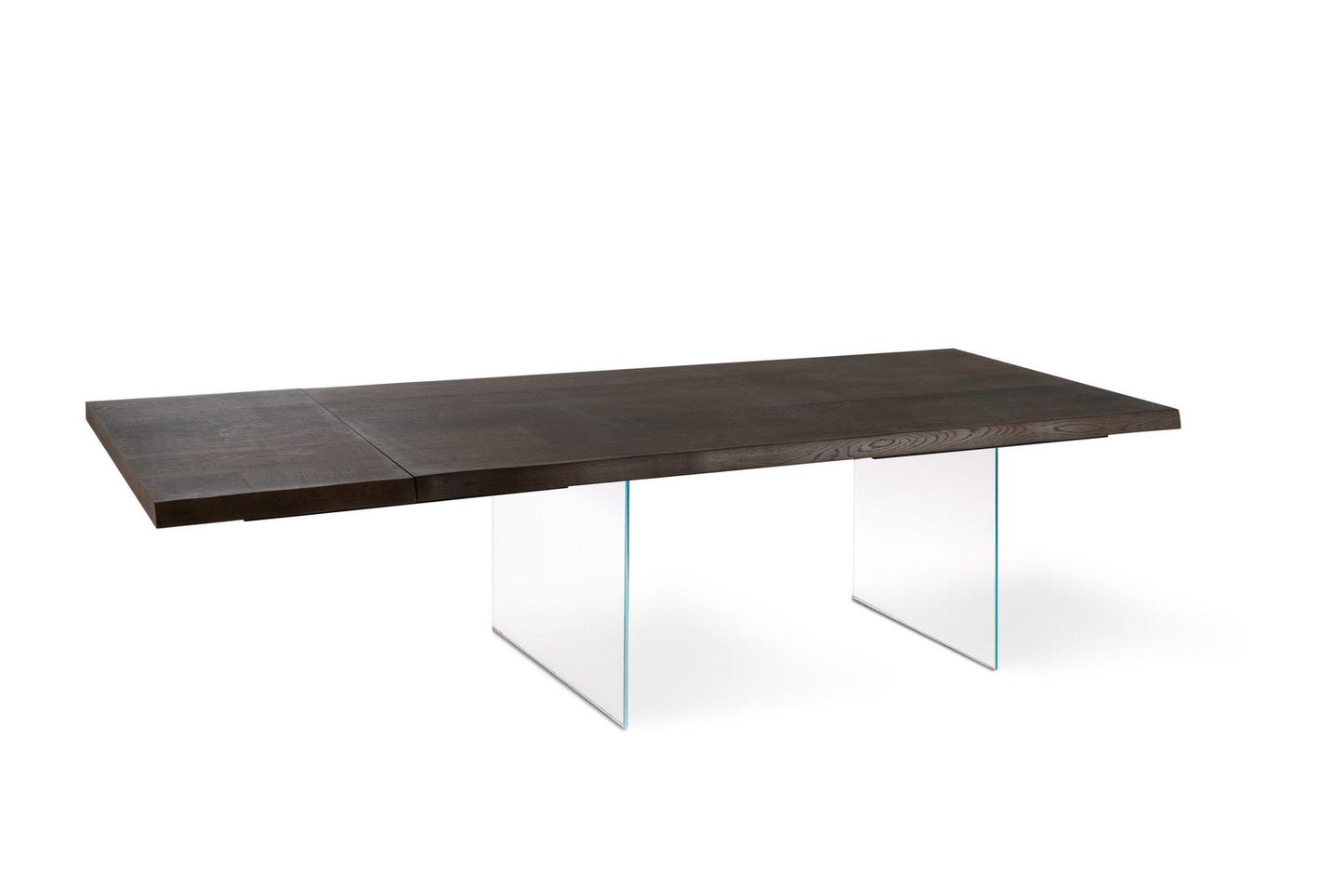 Table extensible en chêne traité thermiquement et pieds en verre 200/300x100 cm