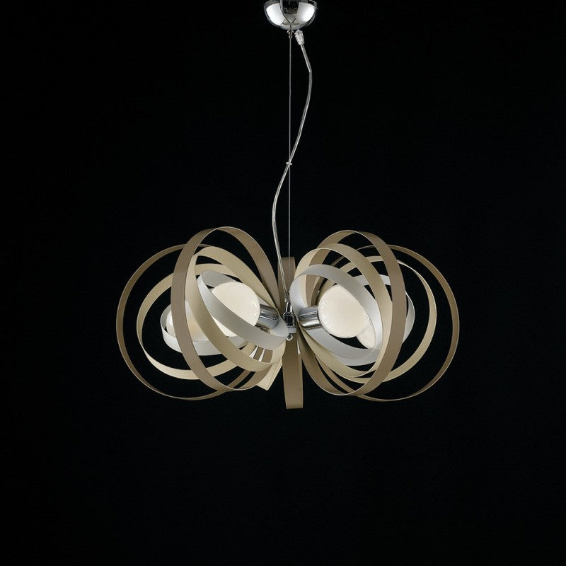 Lustre en fer gris tourterelle blanc cinq lumières finition chromée 62x h30 cm