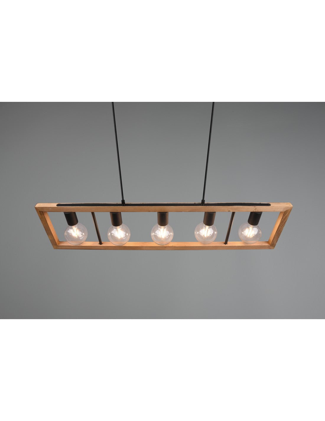 Lustre Cage Rectangulaire Agra en Bois 5 Lumières Bois Naturel et Éclairage Trio Noir
