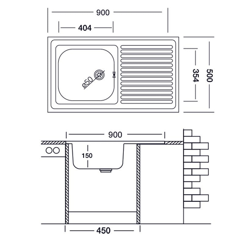 Évier de cuisine à poser avec égouttoir droit en acier 50x90 cm
