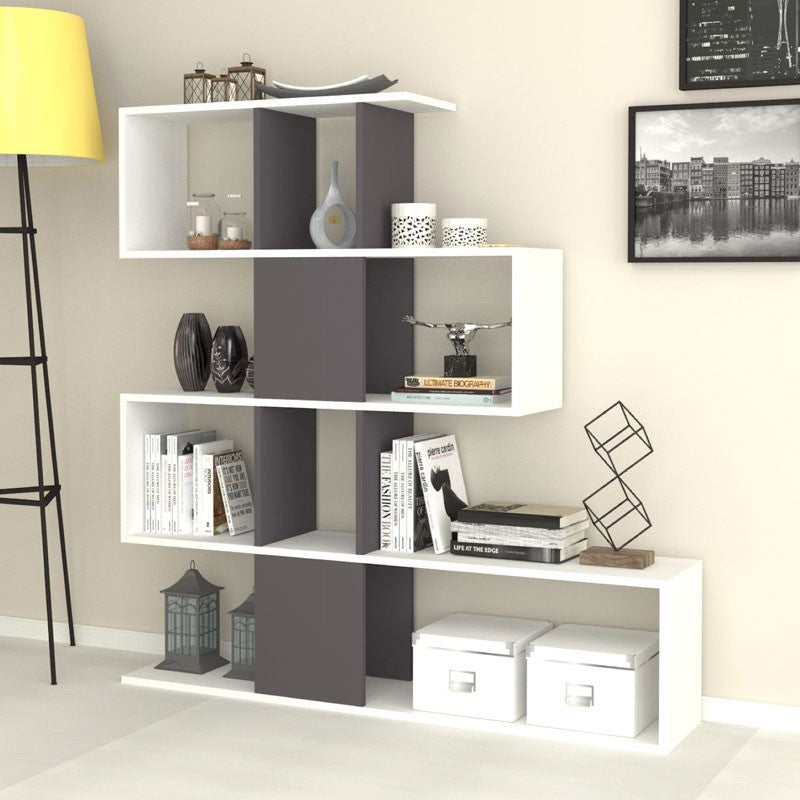 Etagère bibliothèque 4 niveaux 9 compartiments blanc gris 145x29xh.145 cm