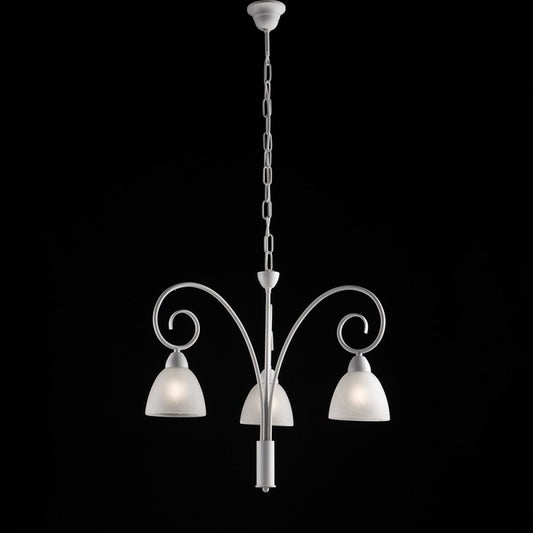 Lustre en fer blanc shabby avec abat-jour en verre blanc trois lumières 48x h50 cm
