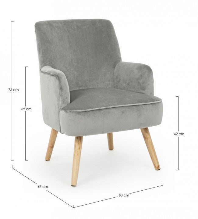 Fauteuil de salon vintage en velours gris ADELINE 60x67x h79 cm