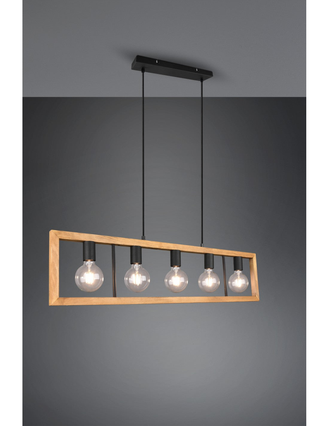 Lustre Cage Rectangulaire Agra en Bois 5 Lumières Bois Naturel et Éclairage Trio Noir