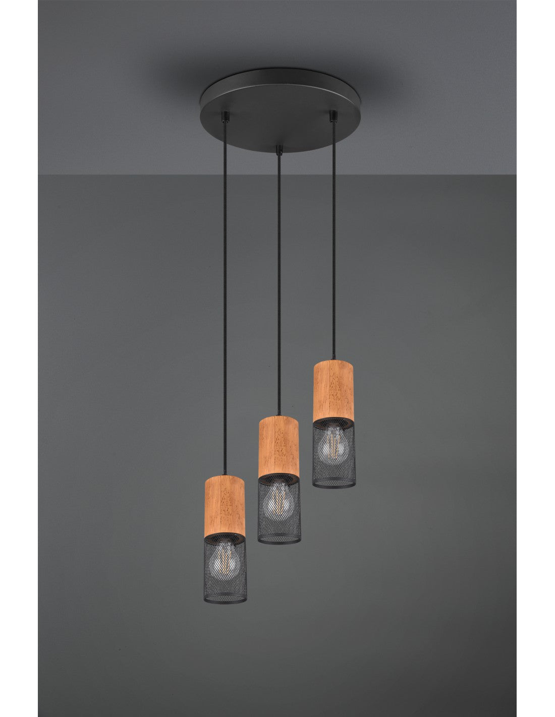 Suspension Tosh Noire 3xE27 Cage Bois Et Métal Ø28 cm Trio Luminaire