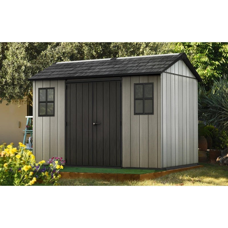 Petite maison en duotech à peindre gris avec effet bois 2 portes et 2 fenêtres 350x229xh.254 cm