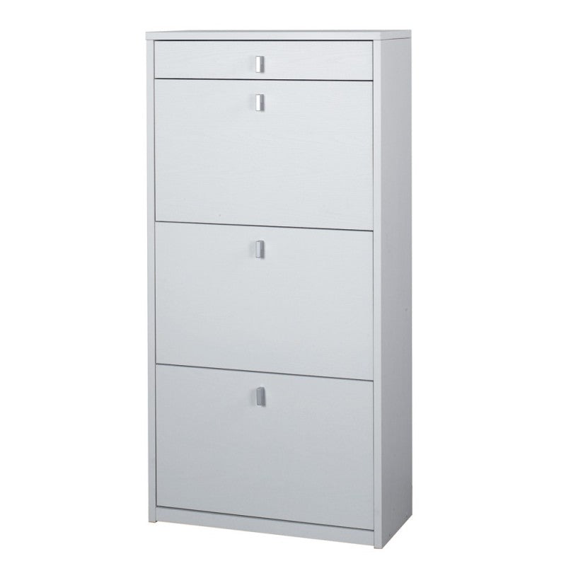 Étagère à chaussures fine et peu encombrante avec trois portes et un tiroir en Frêne Blanc 63x29x h127 cm