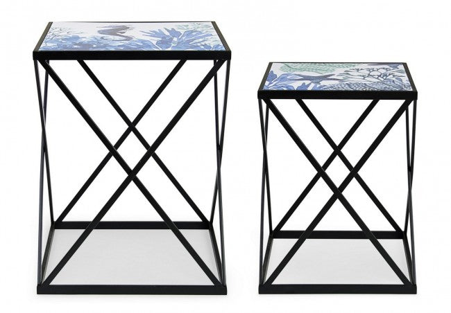 Ensemble de tables basses 2 pièces en acier noir motif marin REEF K04