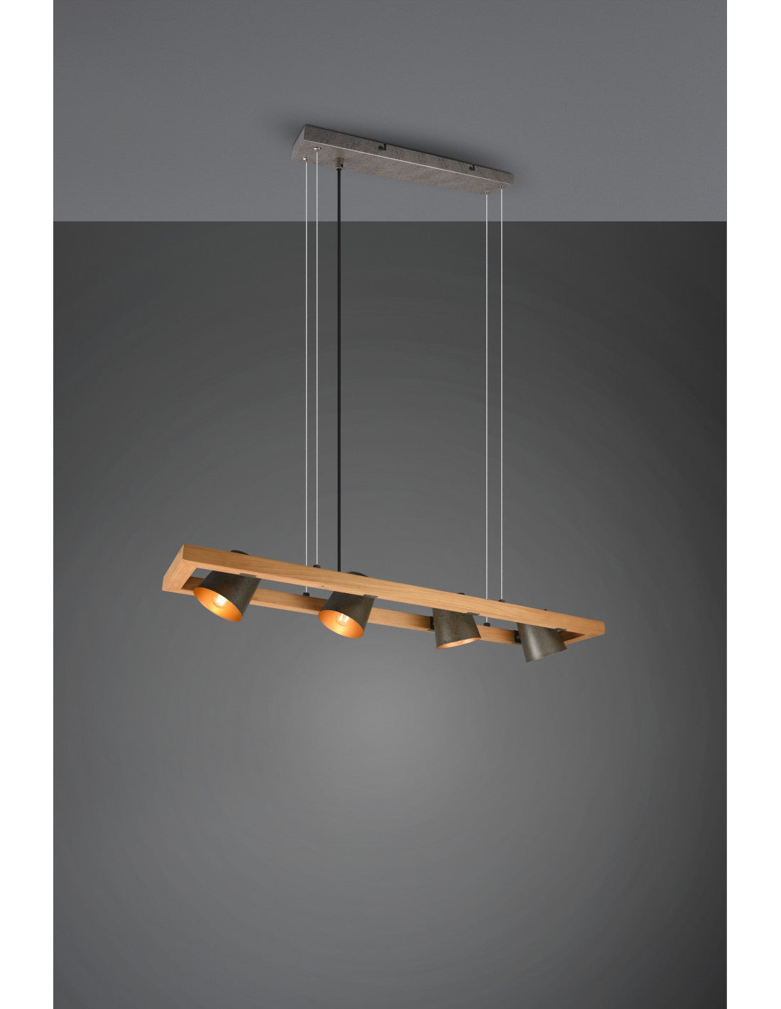 Lustre Suspension Rectangulaire 4 Spots Orientables Bois et Métal Nickel Cloche Trio Éclairage