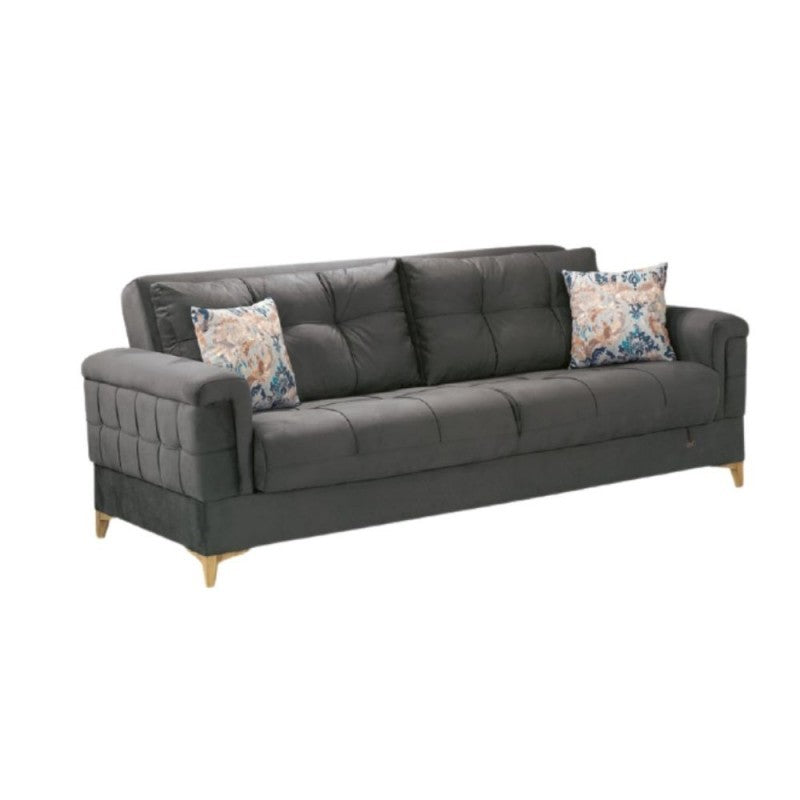 Canapé-lit KEMER trois places avec rangements en bois et tissu Gris Foncé 219x99x h87 cm