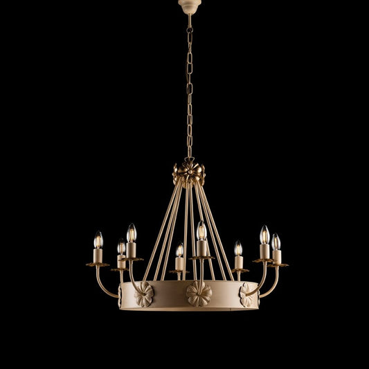 Lustre en fer Décape ivoire finition empire or, huit lumières 76x h57 cm