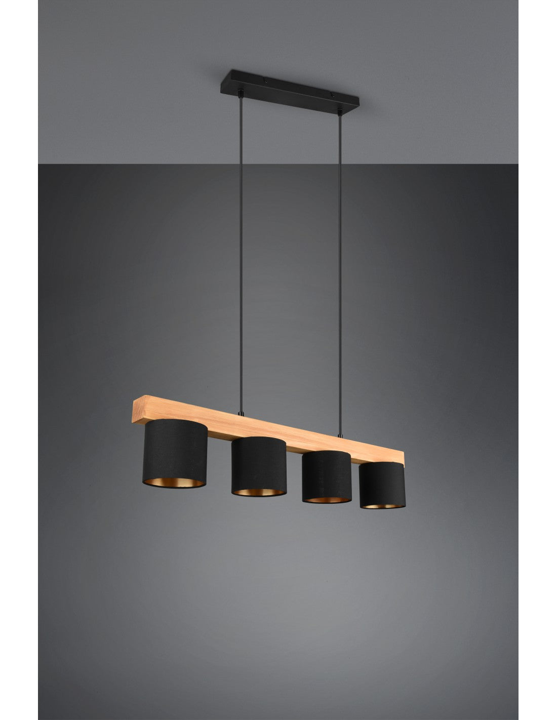Lustre Linéaire En Bois 4 Abat-Jour Noirs Cameron Trio Lighting