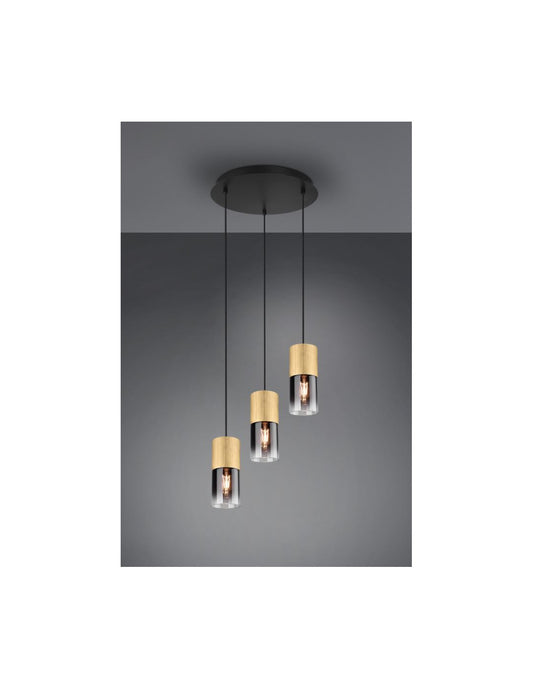 Lustre Rond 3 Lumières Cylindre Laiton Verre Fumé Robin Trio Éclairage