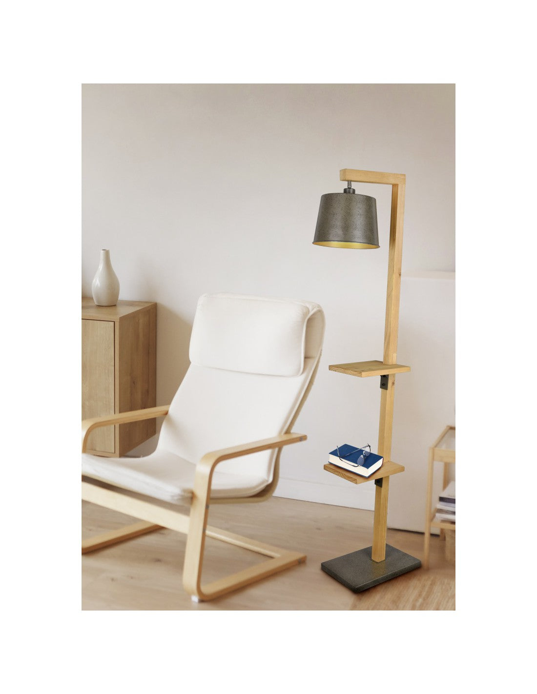 Lampadaire Vintage Etagères en Bois Abat-Jour Nickel Rodrigo Trio Lighting