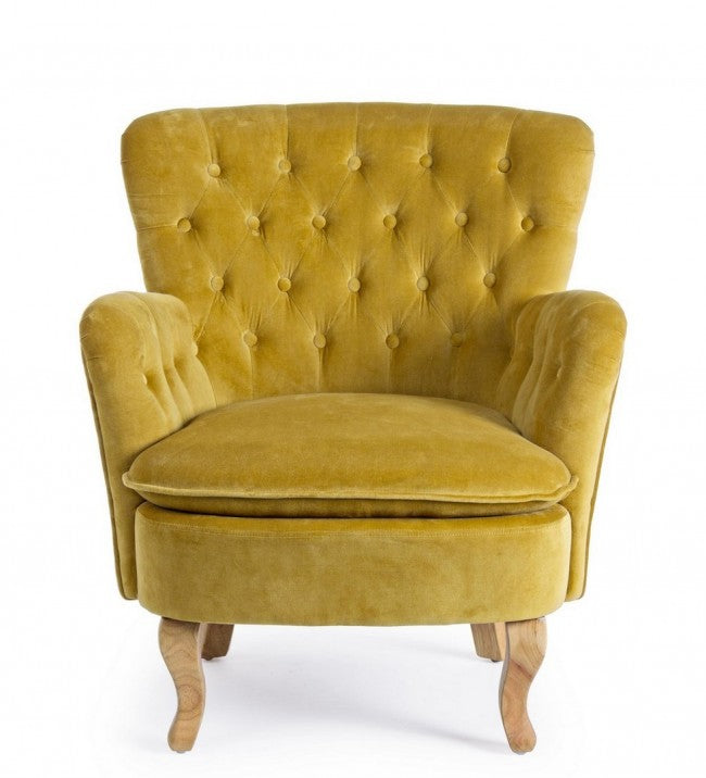 Fauteuil vintage Orlins en velours matelassé moutarde