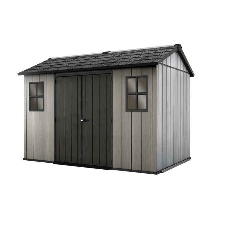 Petite maison en duotech à peindre gris avec effet bois 2 portes et 2 fenêtres 350x229xh.254 cm