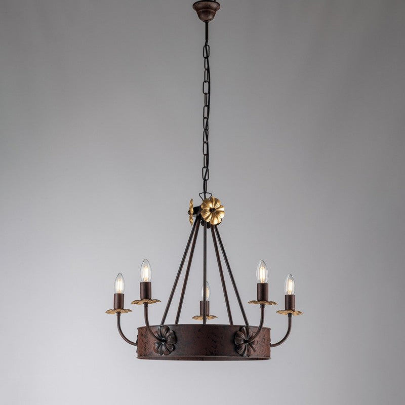 Lustre en fer Noir Rouillé finition Empire Gold, cinq lumières, 59x h52 cm