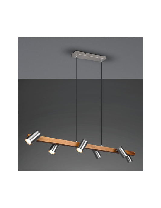 Suspension îlot en bois 6 spots cylindriques réglables en nickel Marley Trio Lighting
