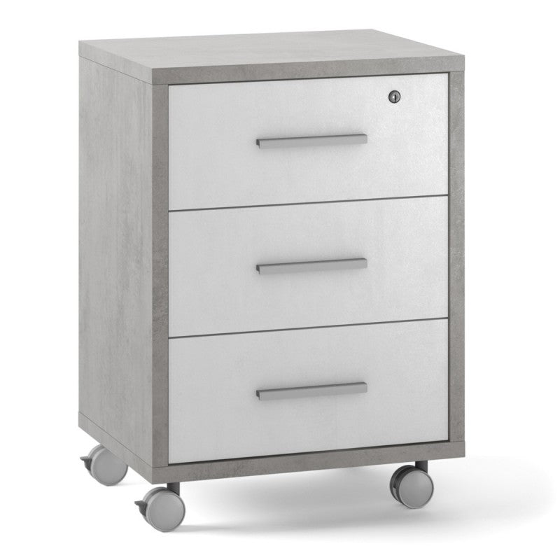 Commode de bureau à trois tiroirs à roulettes Ciment Blanc 51x41x h71 cm