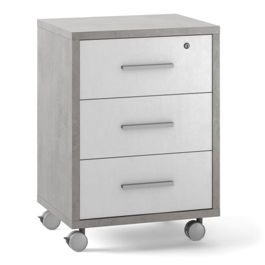 Commode de bureau à trois tiroirs à roulettes Ciment Blanc 51x41x h71 cm