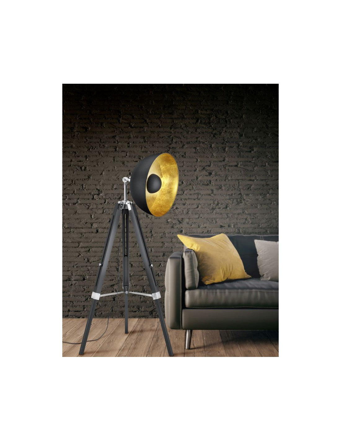 Lampadaire Vintage Tripode Parabole Noir et Doré Liège Trio Lighting