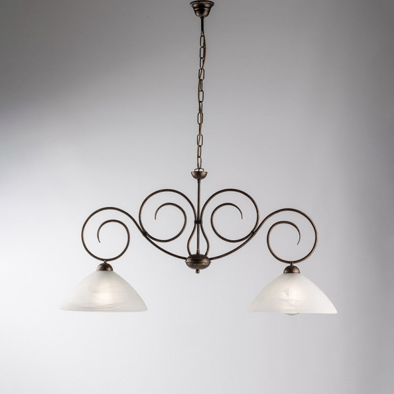 Lustre en fer marron doré deux lumières abat-jour en verre albâtre blanc 99x h52 cm