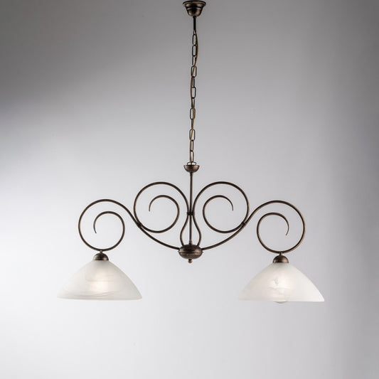 Lustre en fer marron doré deux lumières abat-jour en verre albâtre blanc 99x h52 cm