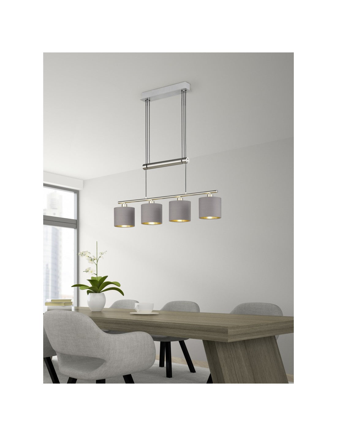 Lampe à Suspension Garda Nichel 4 Abat-Jour en Tissu Taupe-Or L77 cm Trio Lighting