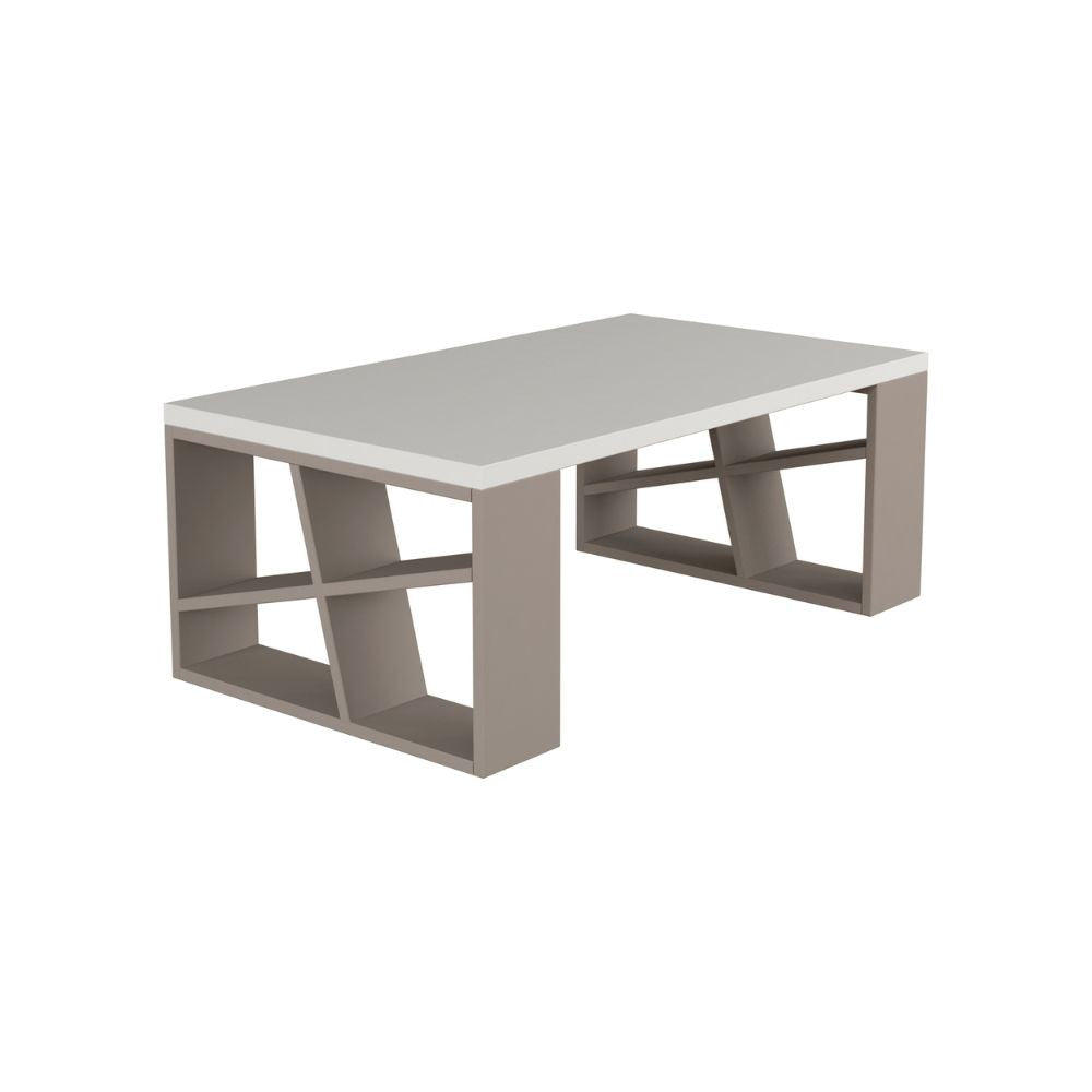 Table de salon miel avec plateau blanc et pieds gris tourterelle