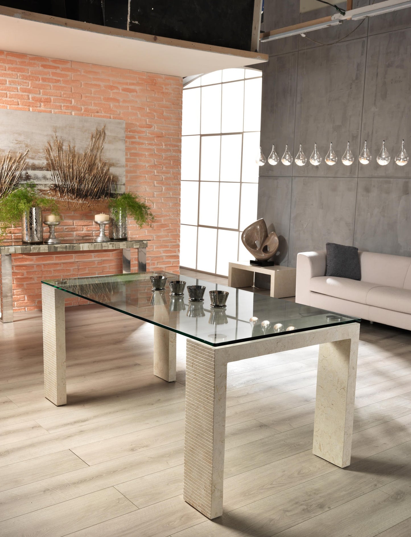 Table fixe 180x90 cm avec plateau en verre trempé et pieds et base beiges