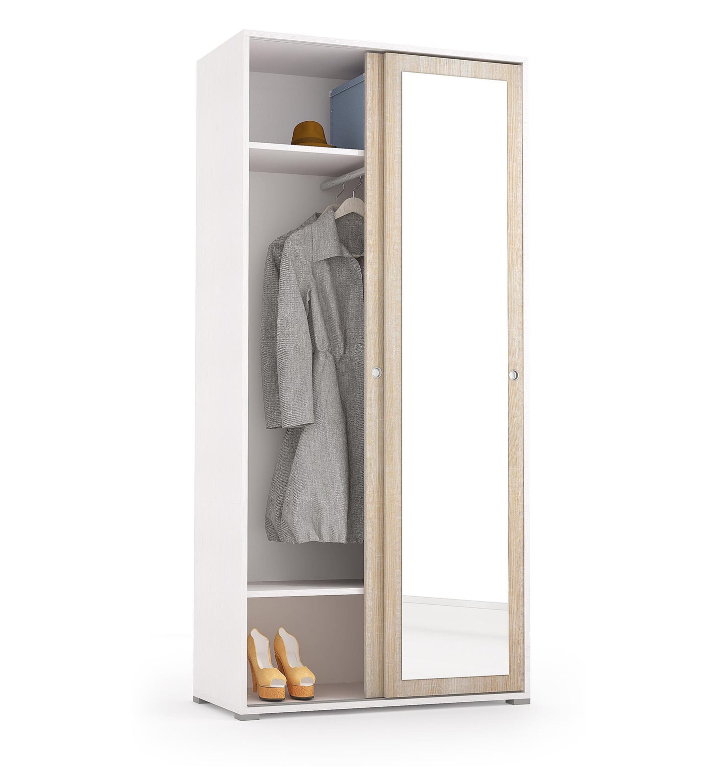 Armoire à portes coulissantes, miroir, deux étagères et tube à linge blanc avec portes en chêne