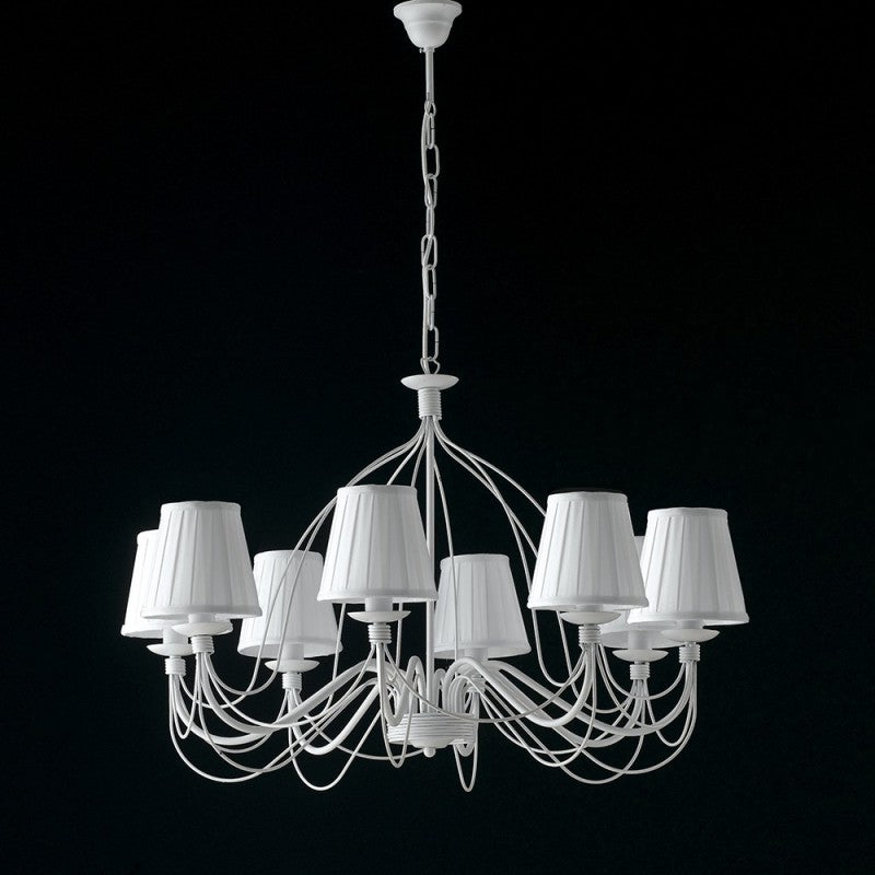 Lustre en fer blanc shabby huit lumières abat-jour blanc 83x h49 cm