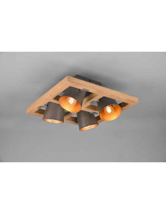 Plafonnier carré à 4 spots orientables en bois et métal nickelé Bell Trio Lighting