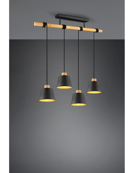 Lustre Bar En Bois 4 Abat-jour Noir Or Harris Trio Lighting