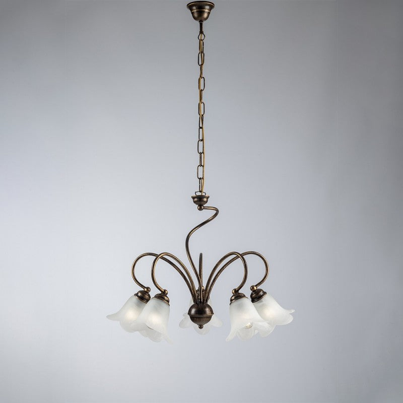 Lustre salon en fer marron avec abat-jour en verre blanc 57x h46 cm