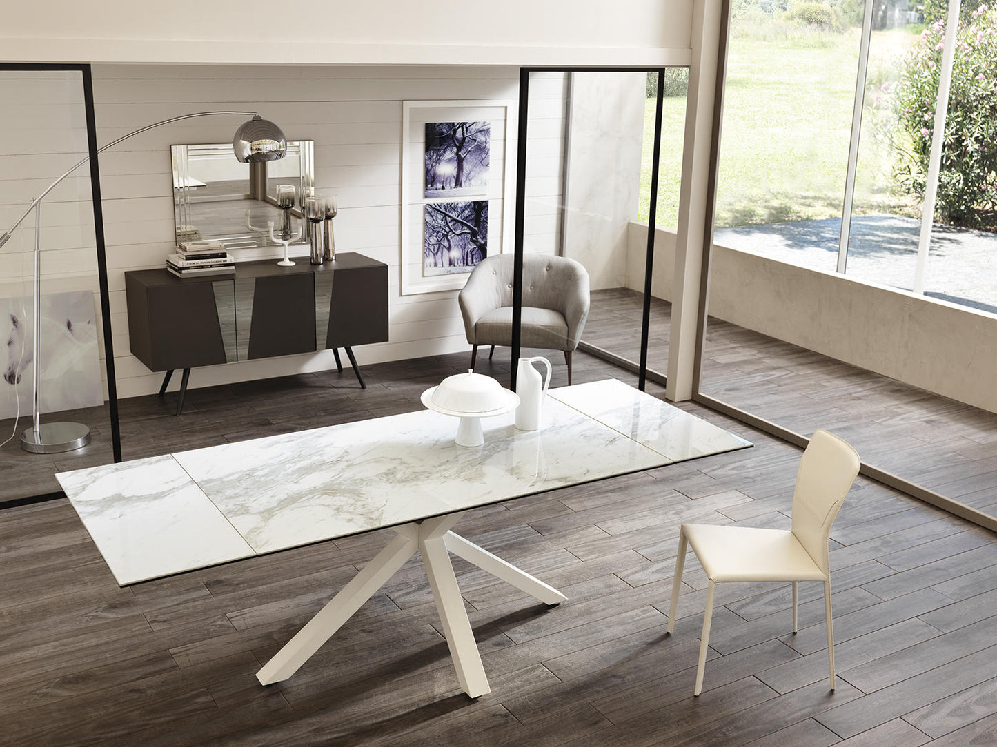 Table extensible blanc-céramique marbre blanc 90 cm x 160-240 cm H. 76 cm