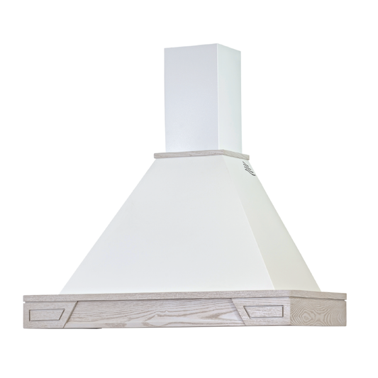 Hotte de cuisine rustique blanche GINEVRA avec cadre en bois marqueté couleur cendre 120 cm