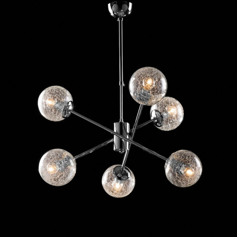 Lustre à suspension en fer chromé poli à 6 lumières avec sphères en verre