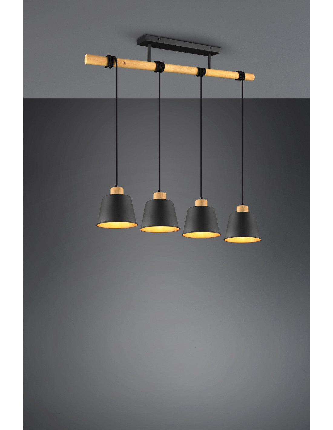 Lustre Bar En Bois 4 Abat-jour Noir Or Harris Trio Lighting