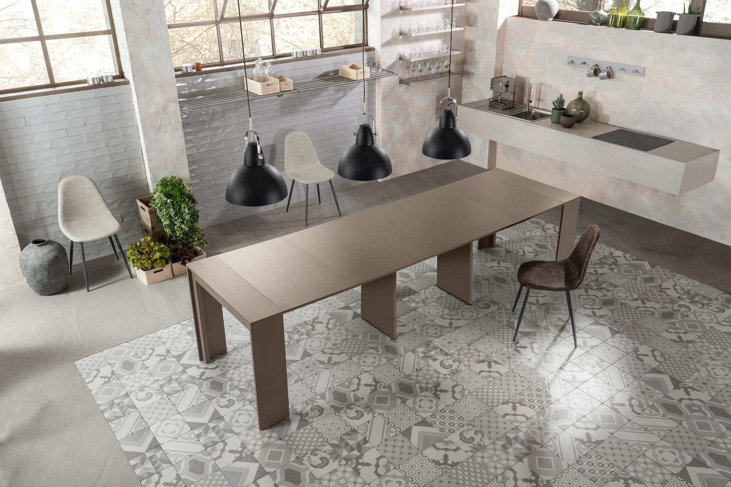 Console extensible anti-rayures en MDF laqué gris tourterelle 90x42,5/302,5x76h cm