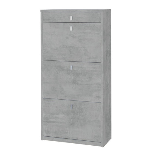 Étagère à chaussures fine et peu encombrante avec trois portes et un tiroir en Beton Cemento 63x29x h127 cm