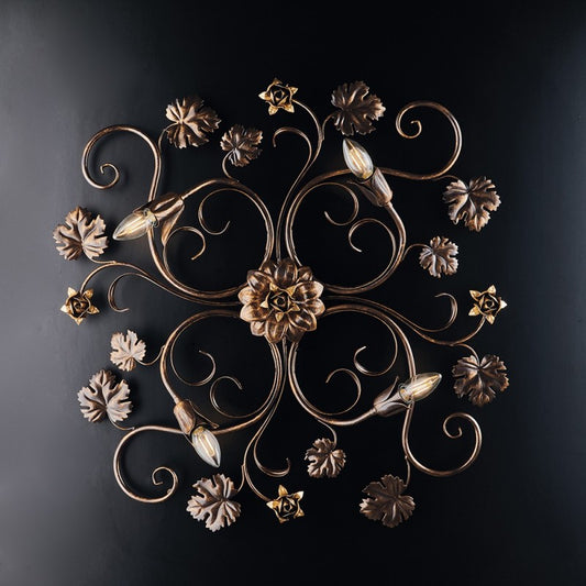 Plafonnier à quatre lumières en fer brun doré avec rosaces 76x67x h17 cm