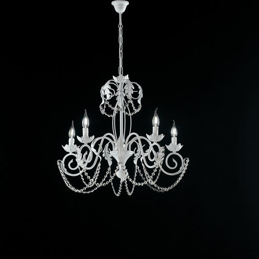 Lustre en fer Shabby blanc avec strass damas cinq lumières 63x h65 cm