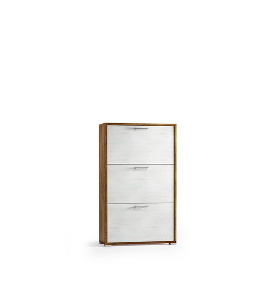 Étagère à chaussures double profondeur avec trois portes pouvant accueillir jusqu'à 18 paires de chaussures Chêne foncé White Canyon Doors