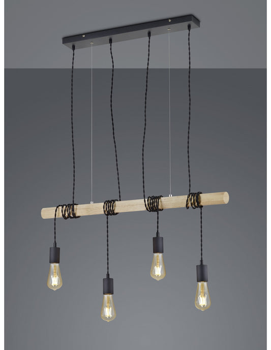 Vintage Brody 4xE27 Suspension Bois Noir Trio Éclairage