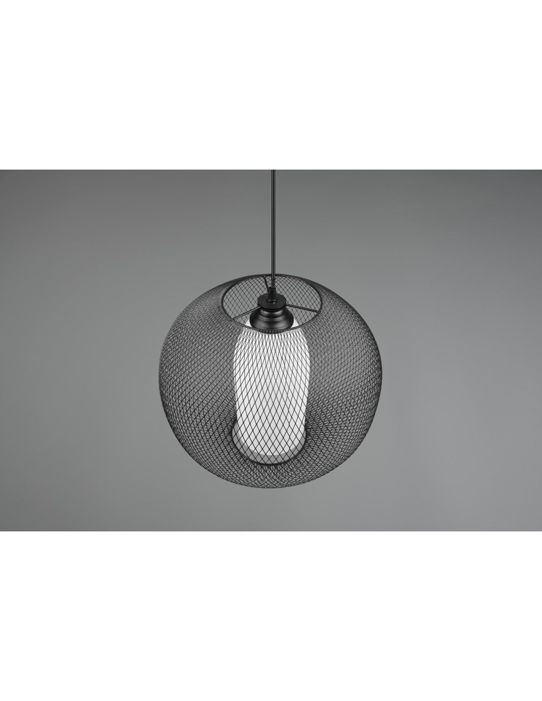 Suspension Lustre Diffuseur Rond Cage En Métal Noir Avec Fil De Verre Opale Trio Éclairage