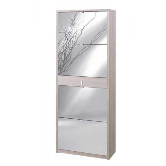 Étagère à chaussures avec quatre portes miroir et un tiroir en Light Olmo 63x29x h164 cm